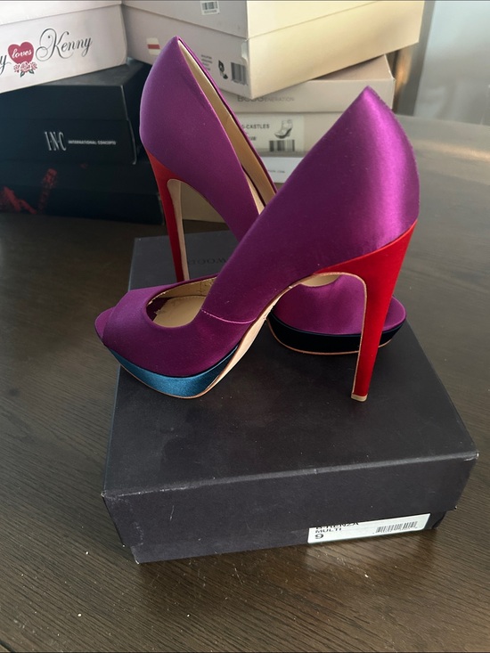 Shoes - Purple Satin High Heel Peep-Toe Pumps with Red Heel